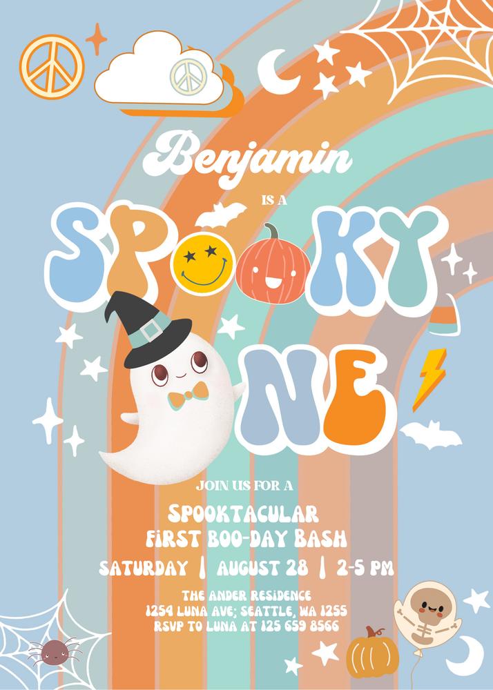 Groovy Spooky One Birthday Invitation | Blue Orange Boy Halloween Invite