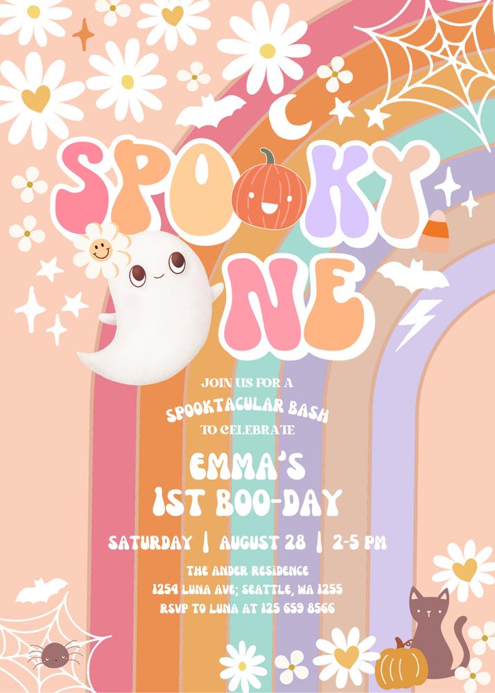 Groovy Halloween First Birthday Invite | Editable Spooky One Ghost Canva Template