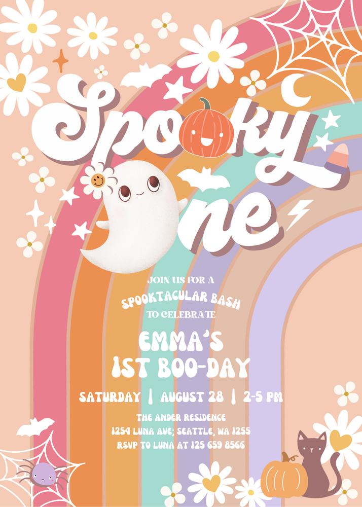 Purple & Orange Groovy Halloween First Birthday Invite - Spooky One Canva