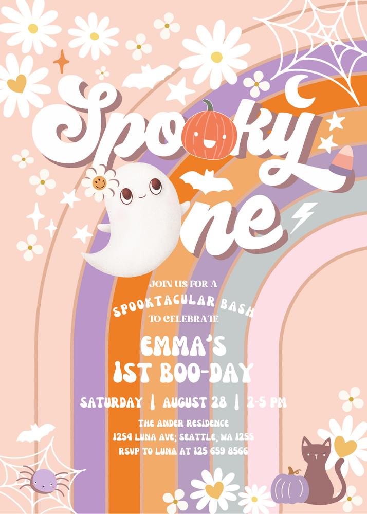 Retro Spooky One Birthday Invitation | Purple & Orange Ghost Canva Template