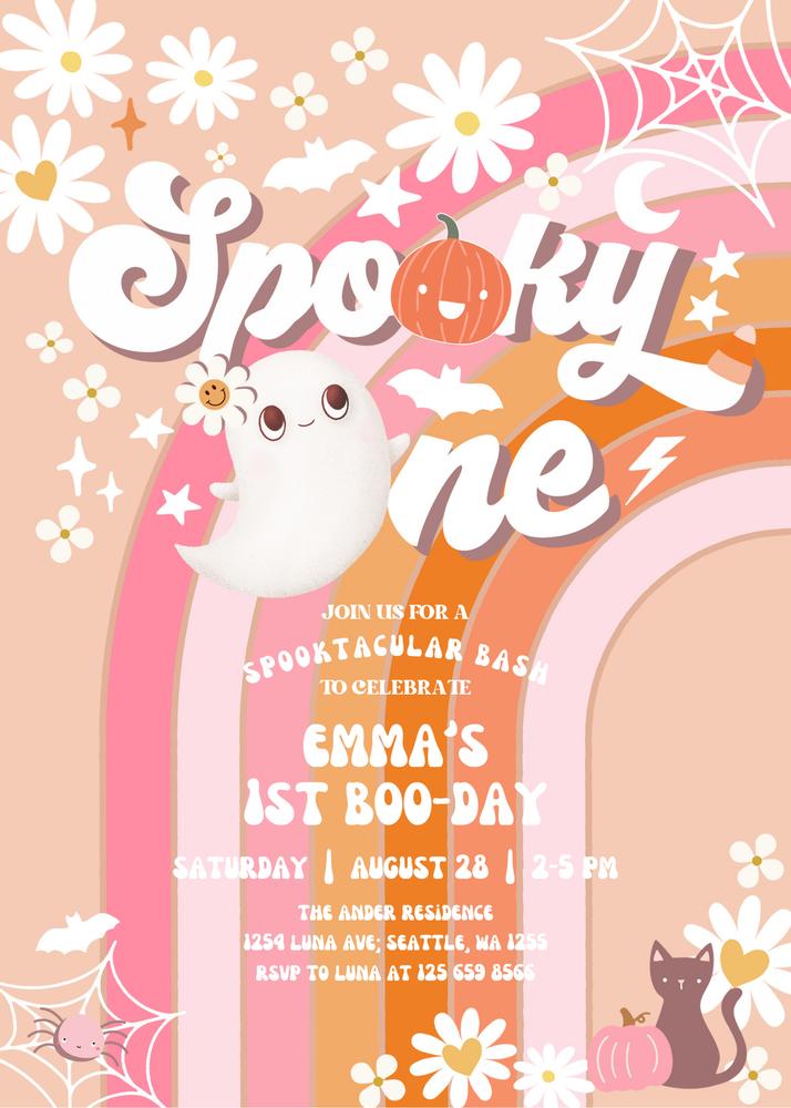 Editable Pink Groovy Spooky One Halloween Birthday Invite | Canva Template