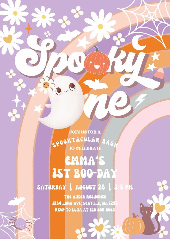Groovy Halloween First Birthday Invite | Spooky One Ghost Canva Template