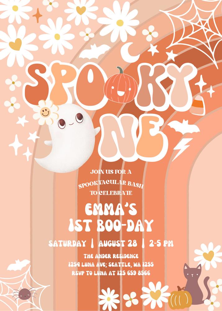 Groovy Spooky One Birthday Invitation | Retro Halloween Ghost Canva Template