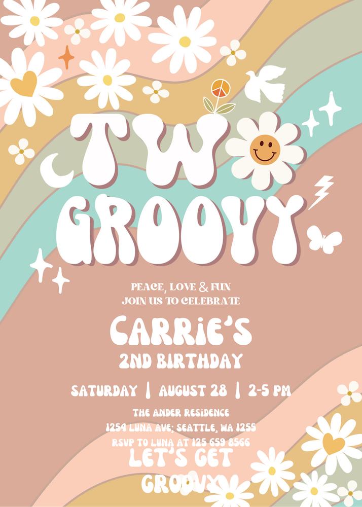 Editable Two Groovy 2nd Birthday Invitation | Muted Beige & Green Daisy