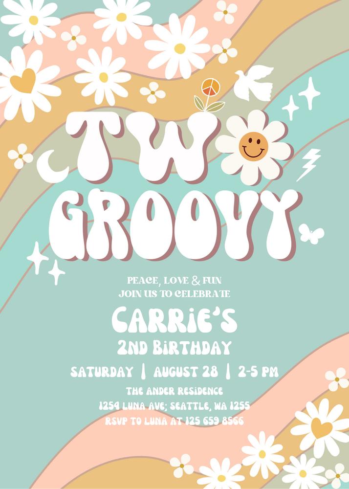 Two Groovy Birthday Invite | Editable Boho Daisy 70s Retro 2nd Birthday Template