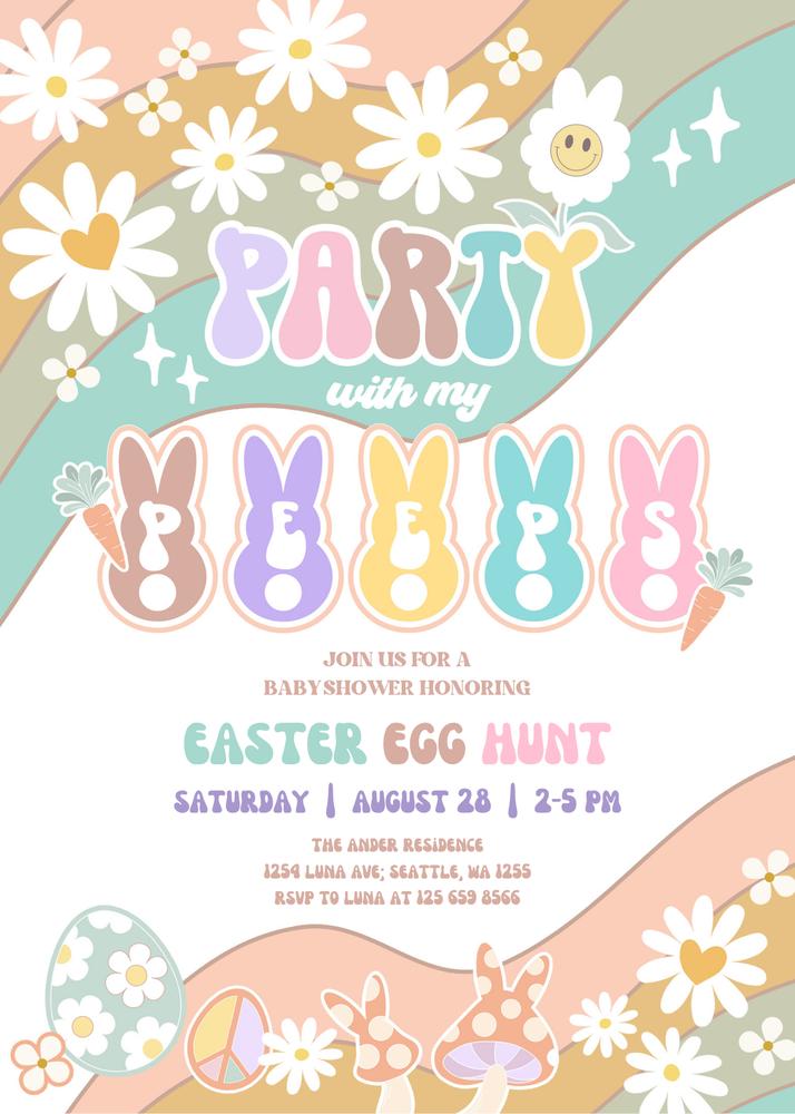 Groovy Easter Egg Hunt Birthday Invitation | Editable Canva Peeps Party Invite