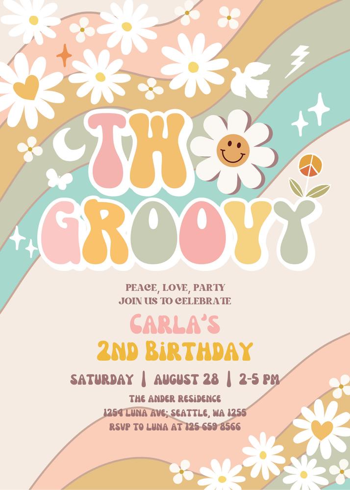 Two Groovy 2nd Birthday Invitation | Editable Canva Retro Hippie Invite