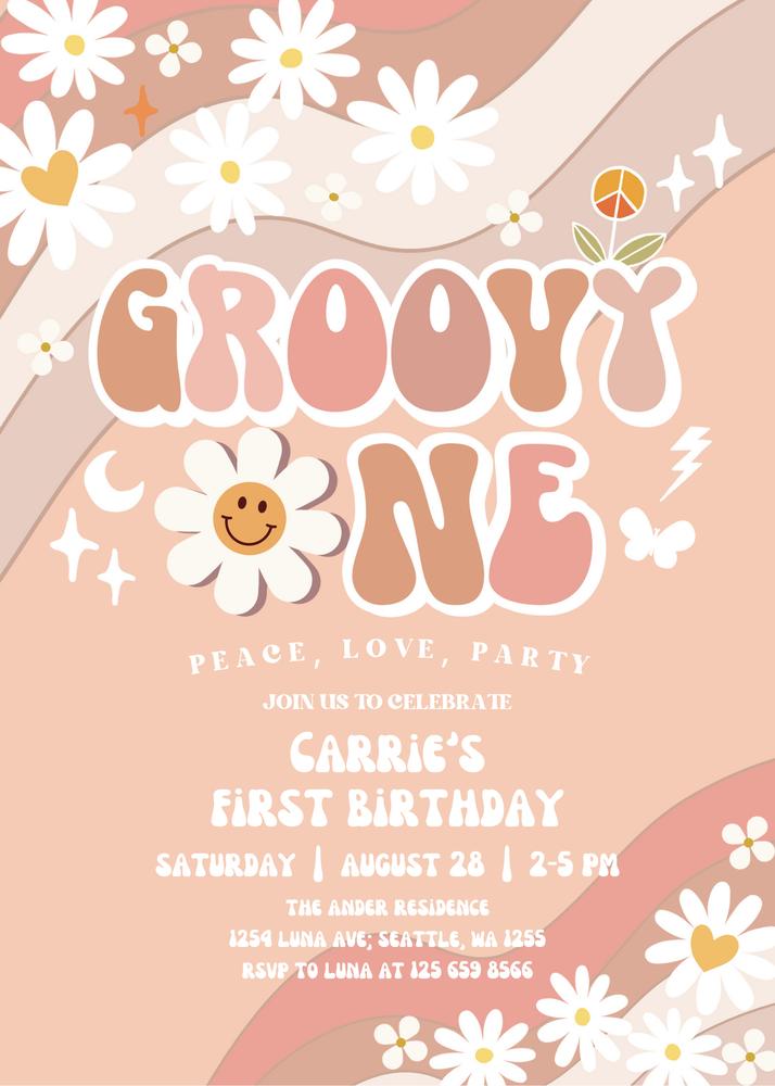 Groovy One Daisy 1st Birthday Invitation | Retro Earthy Beige Canva Template