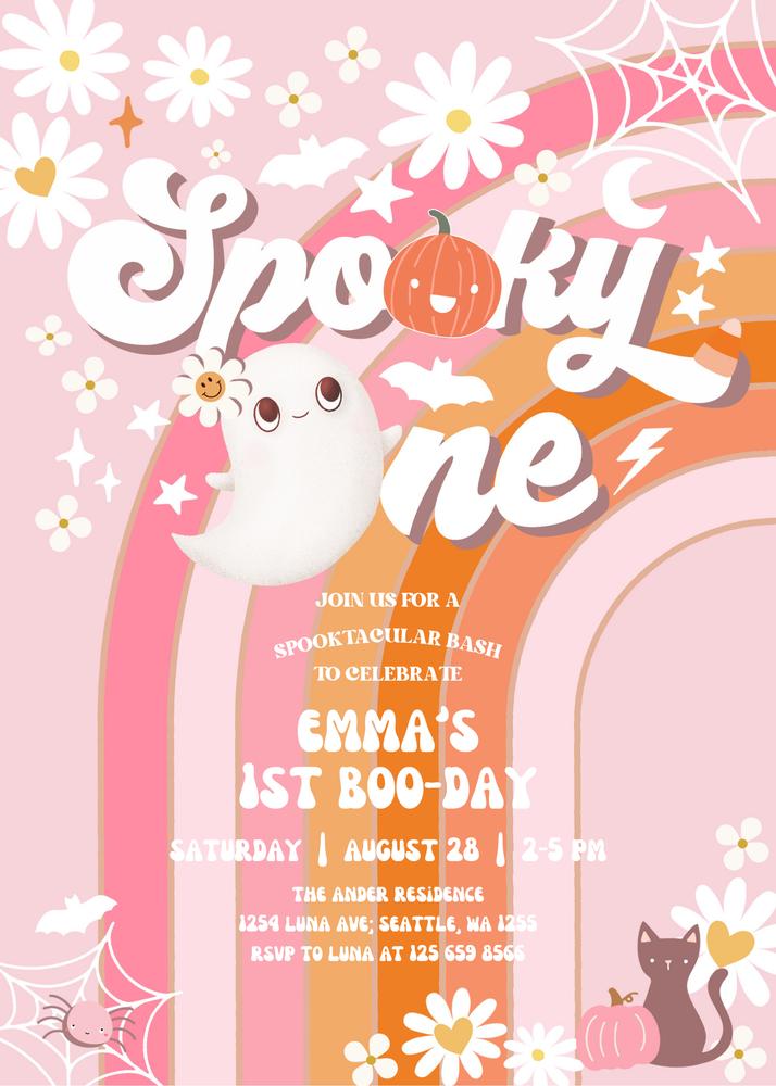 Pink Groovy Halloween Spooky One Birthday Invite Canva Template