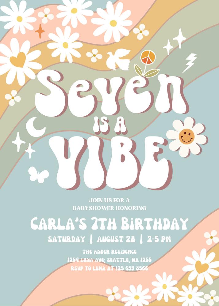 Editable Daisy 7th Birthday Invite - Retro 70s Muted Green & Blue "SEVEN Is A Vibe"