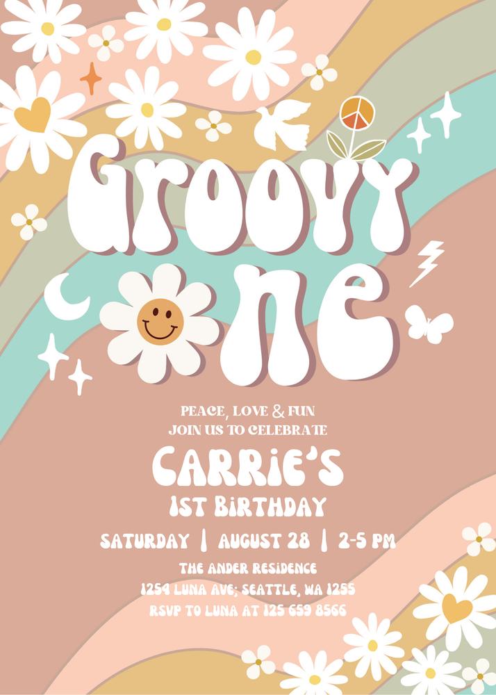 Groovy One 1st Birthday Invitation | Daisy Retro 70s Canva Template
