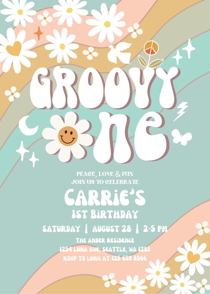 Retro Sage Green 1st Birthday Invite | Groovy Daisy One Editable Canva Template