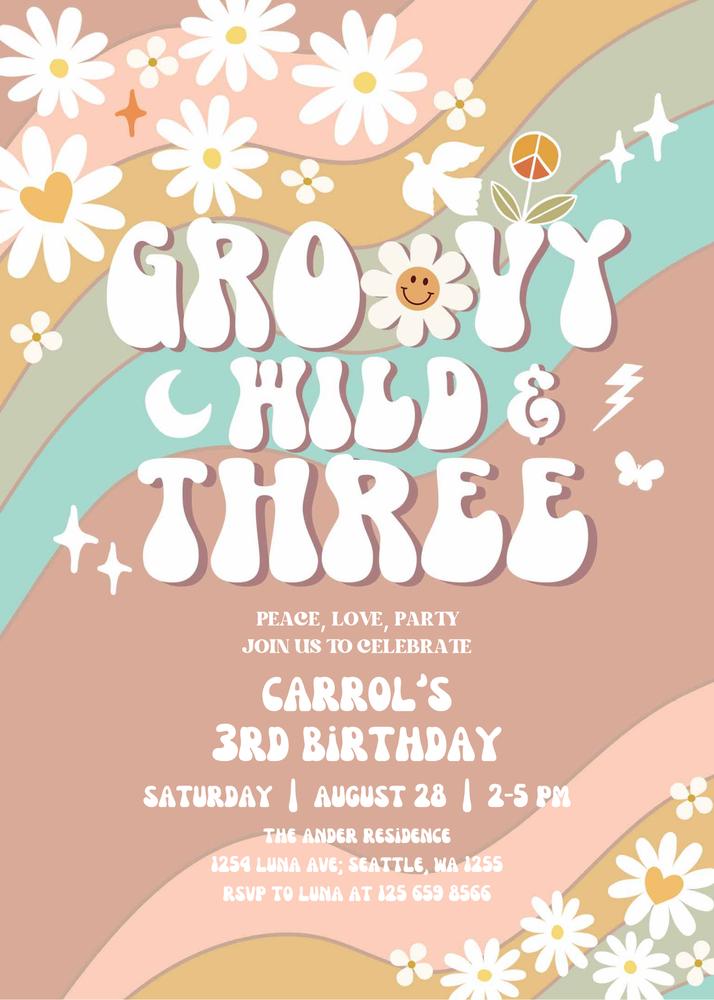 Groovy Wild and Three Birthday Invitation | Editable Canva Daisy Invite