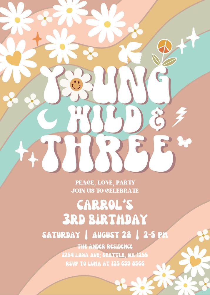 Groovy Young Wild and Three Birthday Invite | Editable Daisy Canva Template