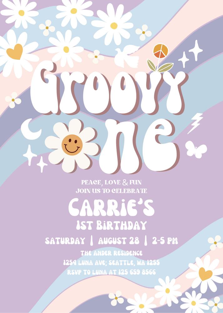 Groovy ONE 1st Birthday Invite | Retro Daisy Muted Purple Blue Canva Template