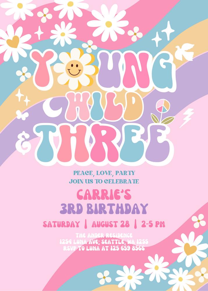 Young Wild and Three Groovy Birthday Invite | Editable Canva Template