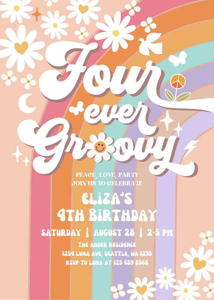 Editable Four Ever Groovy 4th Birthday Invite | Retro Daisy Canva Template