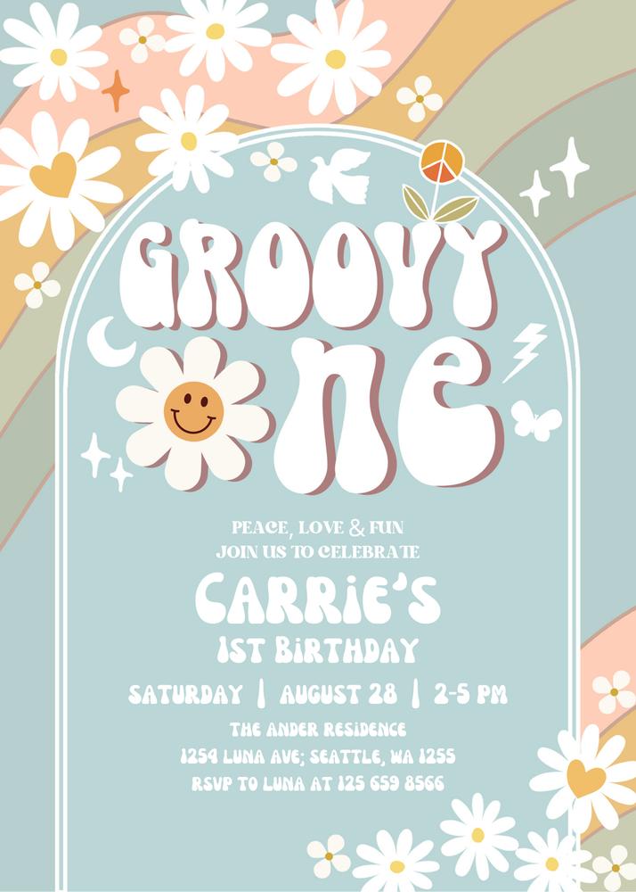 Editable Groovy One 1st Birthday Invite | Retro Daisy & Muted Pastel Canva Template