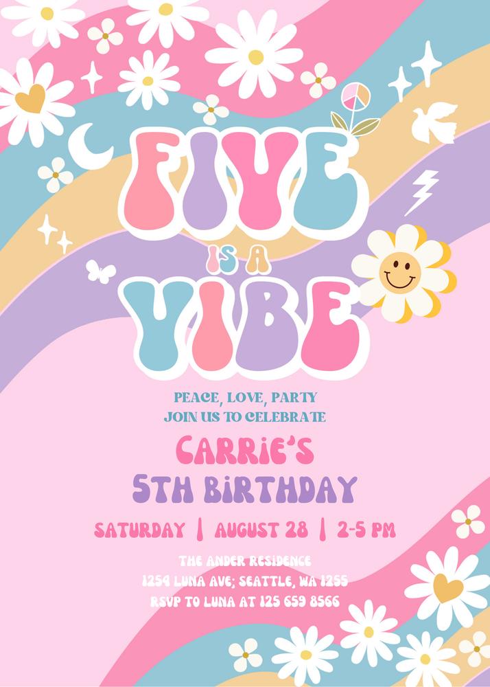 Editable 5th Birthday Invitation | Groovy Daisy Pink Teal Hippie Invite