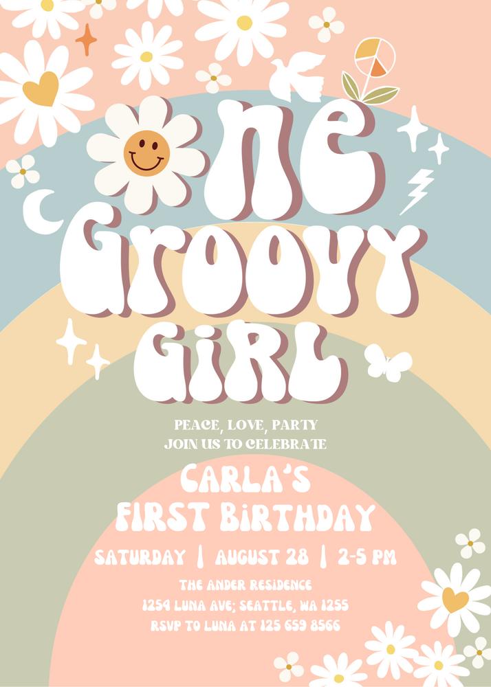 Groovy One 1st Birthday Invitation | Retro Daisy Canva Template