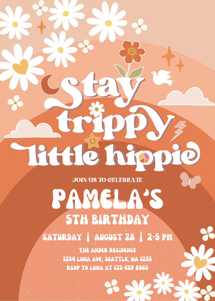 Retro Fall Groovy Stay Trippy Little Hippie Birthday Invite Canva Template