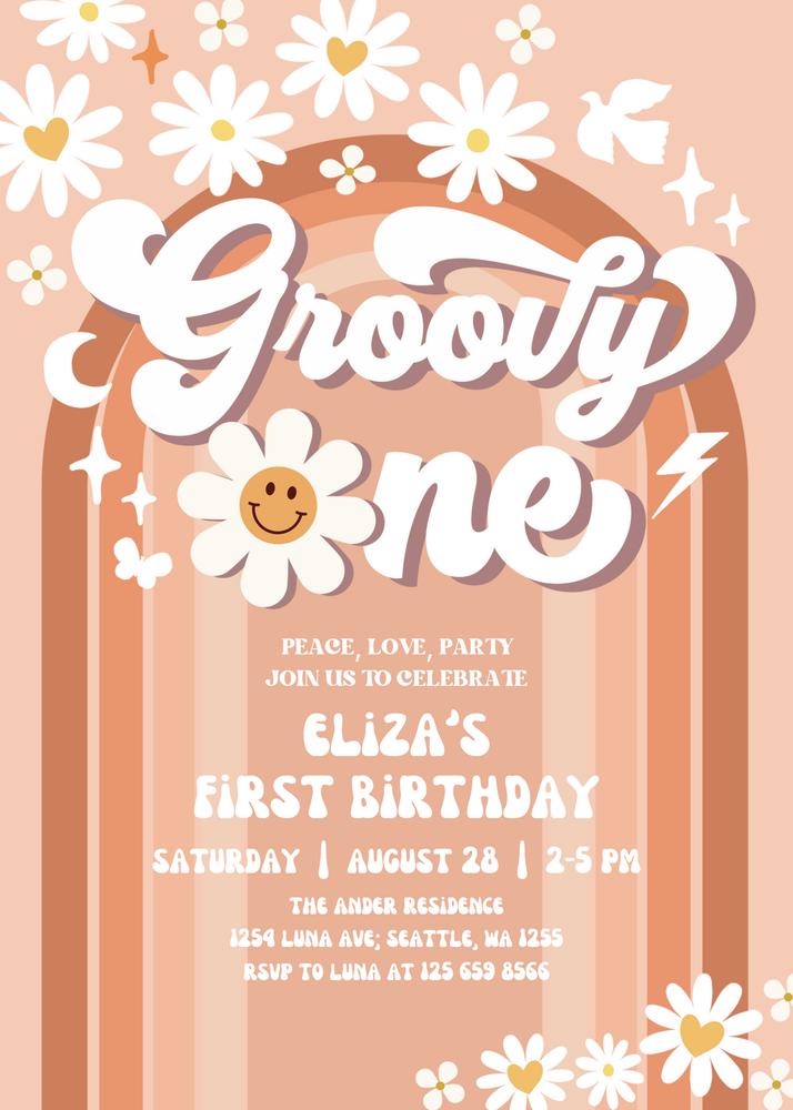 Mauve Daisy Groovy One 1st Birthday Invite | Retro Boho Canva Template