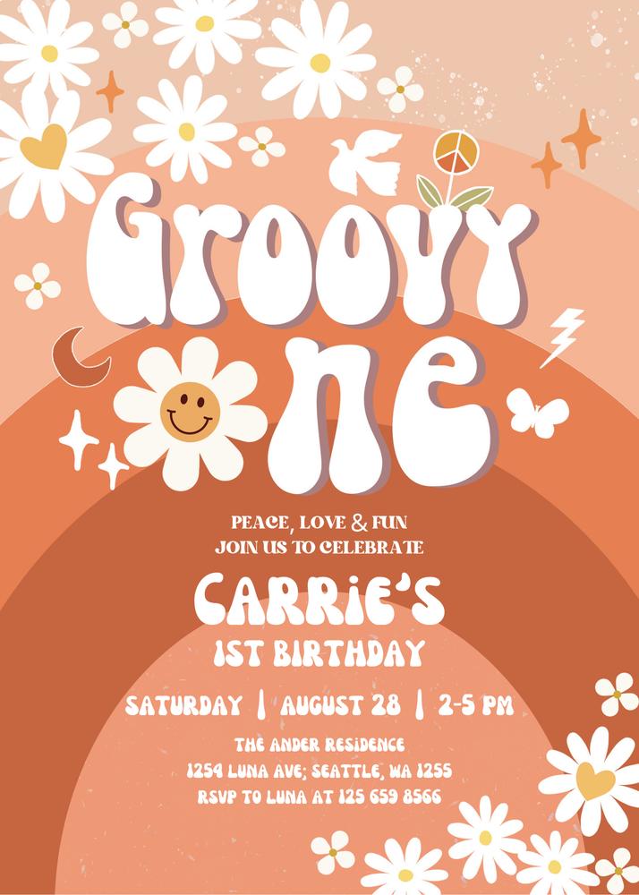 Editable Fall Groovy One 1st Birthday Invite | Retro Daisy Hippie Canva Template