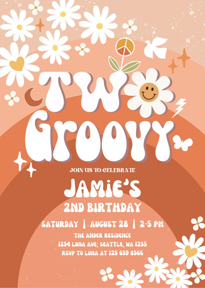 Two Groovy Birthday Invitation | Editable 2nd Birthday Daisy Retro Canva Template