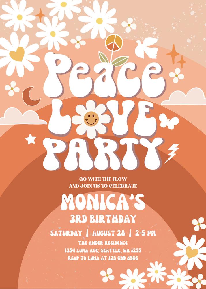 Editable Fall Groovy Birthday Invite | Retro Daisy Hippie Peace Love Template