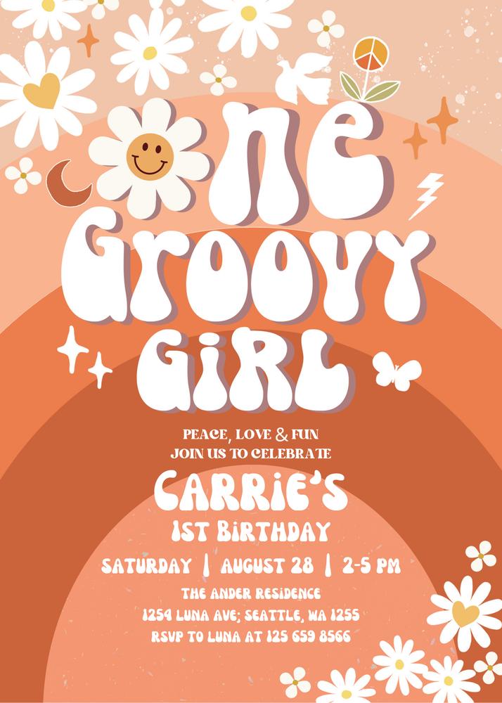 Boho Daisy Groovy One 1st Birthday Invitation Canva Template | Retro 70s Invite
