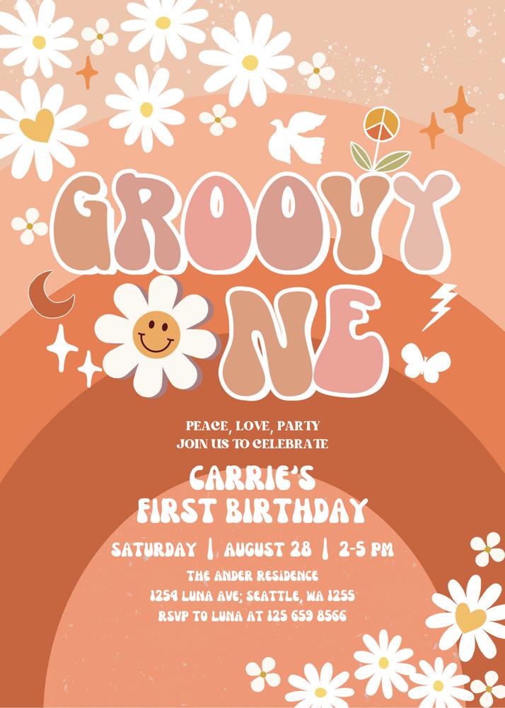 Groovy One 1st Birthday Invitation | Retro Daisy Canva Template