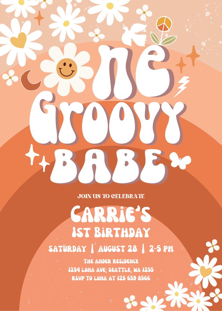 Groovy One 1st Birthday Invite | Editable Retro Daisy Fall Canva Template