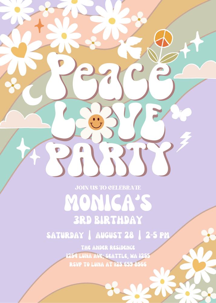 Editable Groovy Peace Love Birthday Invite | Purple Pink Retro Daisy Template