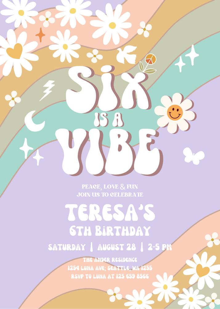 Six is a Vibe Birthday Invite | Groovy Daisy Purple Mint Canva Template