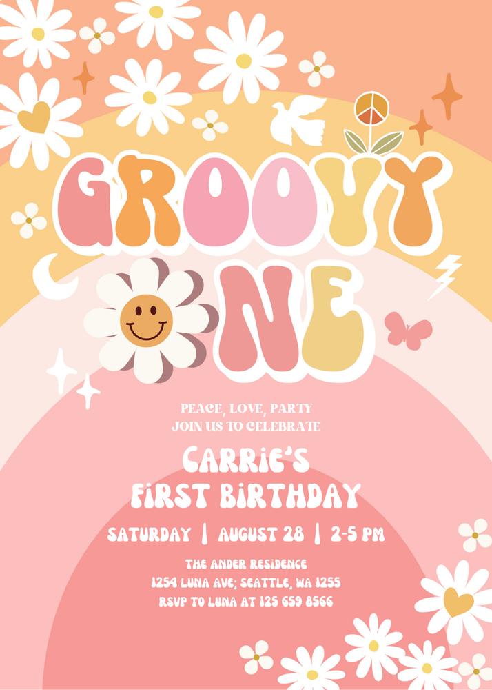 Pink Groovy One 1st Birthday Invitation | Retro Daisy Canva Template