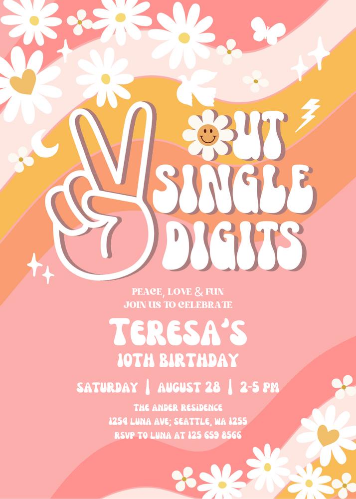 Peace Out Single Digits 10th Birthday Invite | Groovy Retro Canva Template