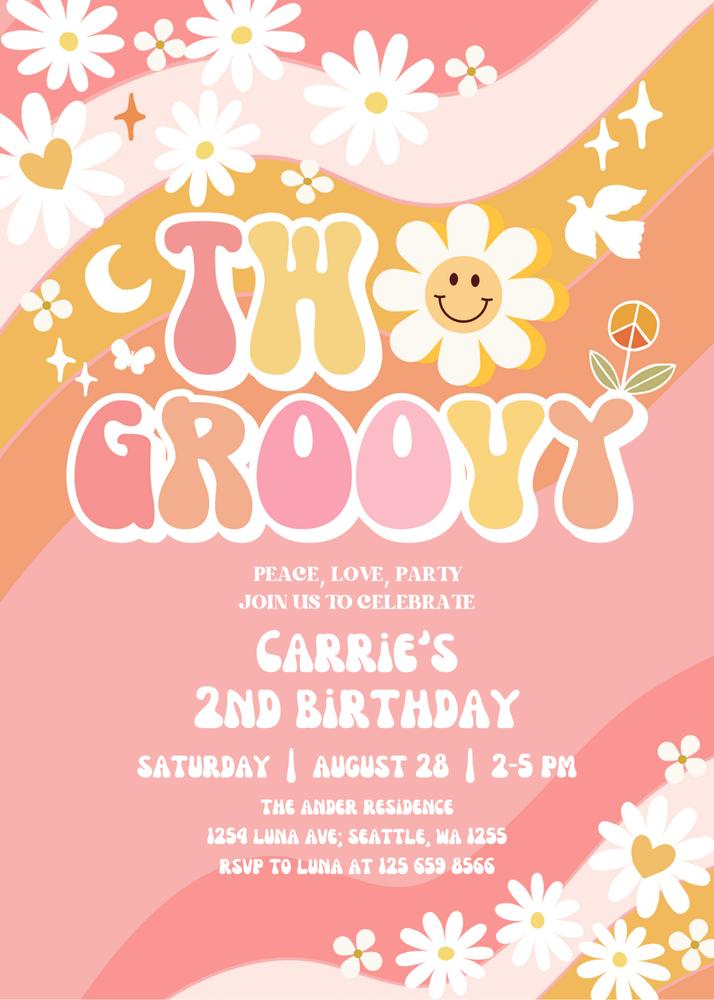 Two Groovy 2nd Birthday Invitation | Editable Pink Peach Retro Daisy Invite