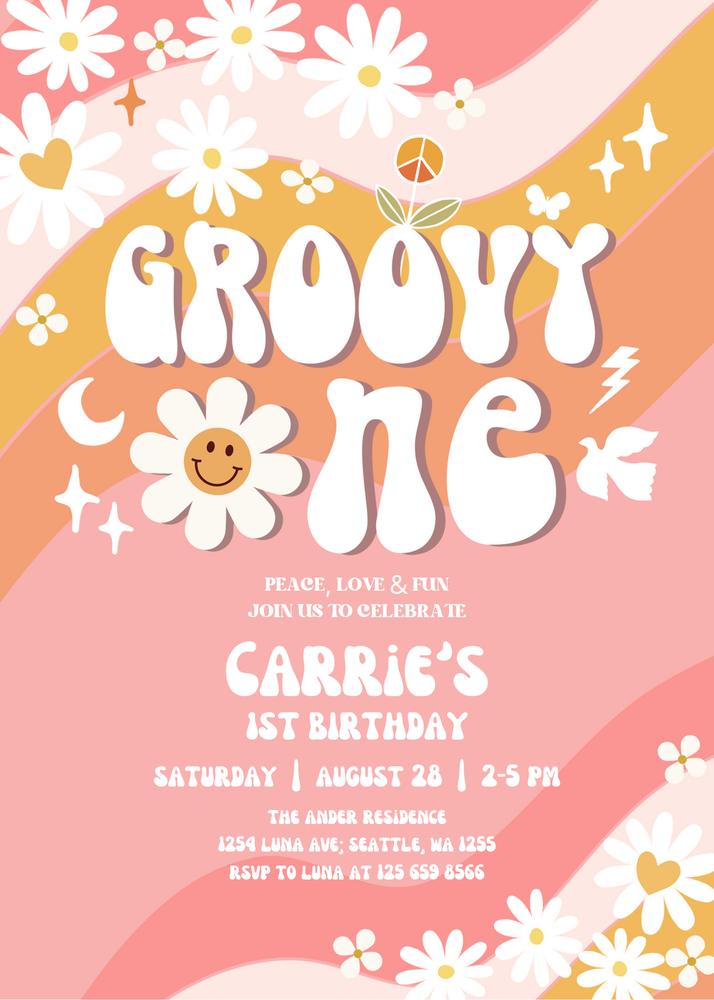 Editable Groovy One 1st Birthday Invite | Retro 70s Daisy Canva Template