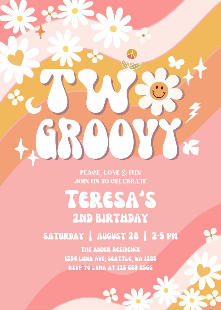 Two Groovy 2nd Birthday Invitation | Retro Daisy Canva Template