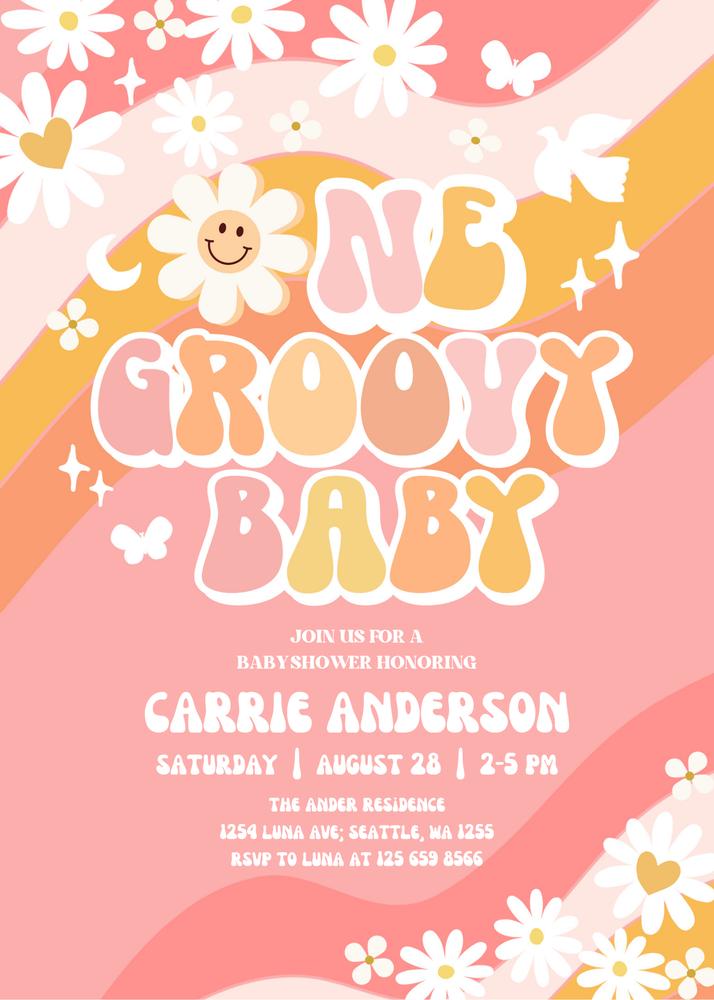 One Groovy Baby Shower Invitation | Editable Retro 70s Pink Daisy Canva Template