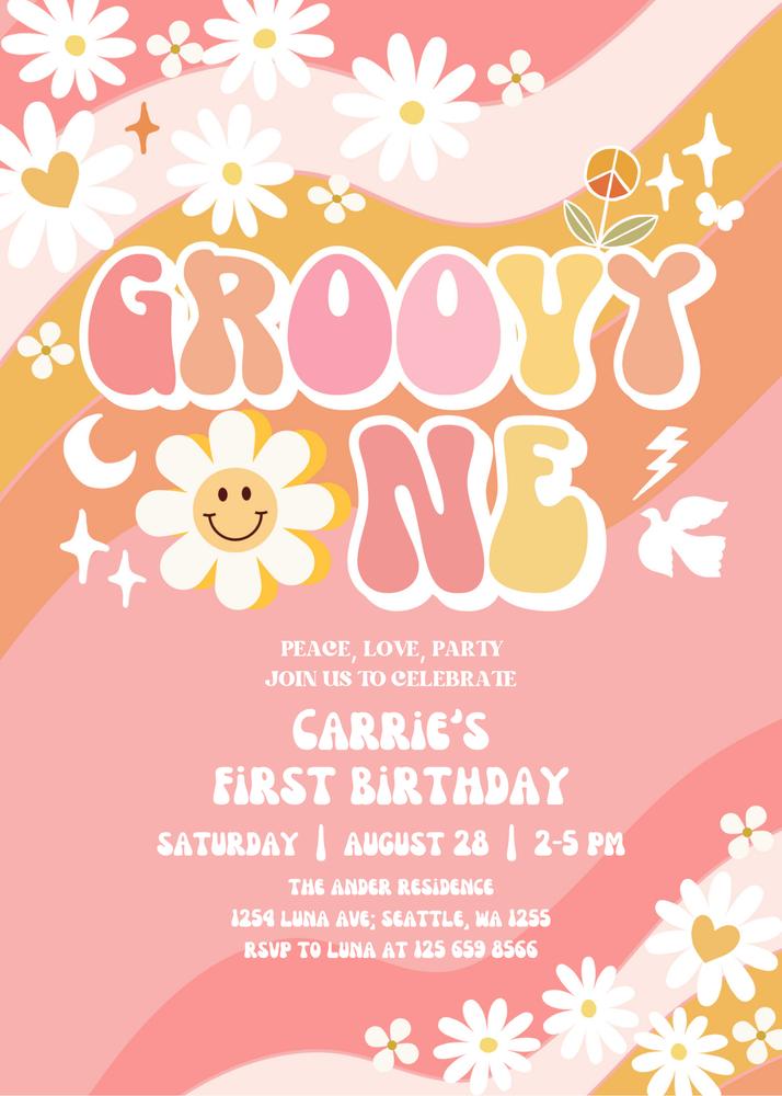 Groovy One 1st Birthday Invitation | Retro Daisy Canva Template