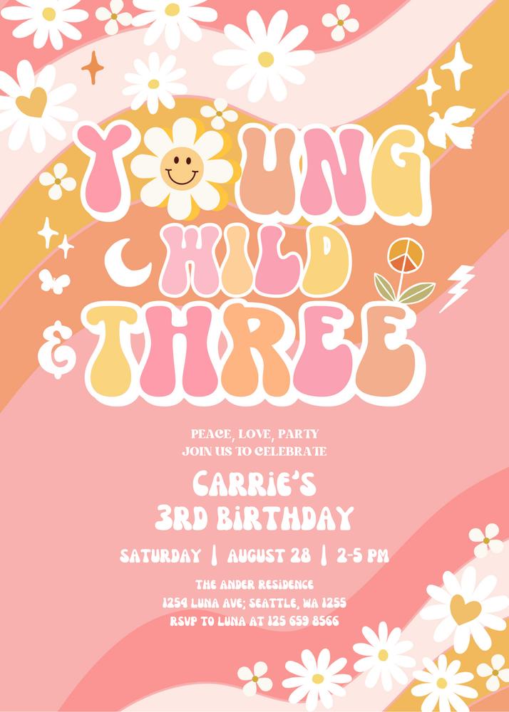 Young Wild and Three Birthday Invite | Groovy Daisy Retro Canva Template
