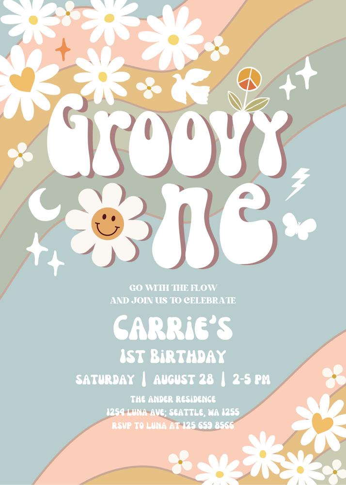 Retro Groovy 1st Birthday Invitation | Muted Daisy Hippie Canva Template