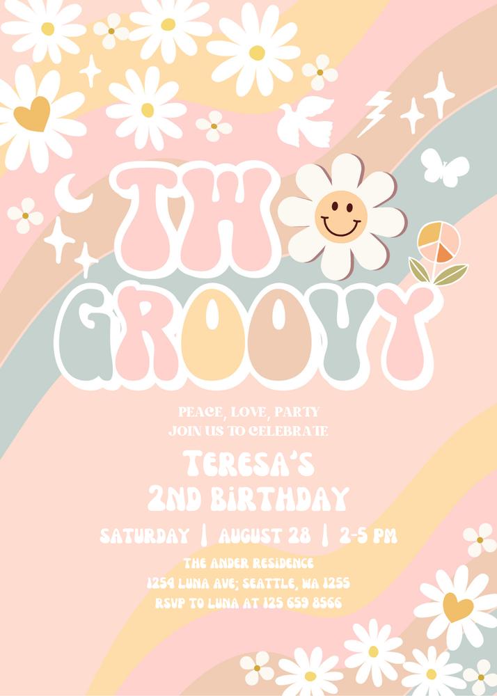 Editable Two Groovy 2nd Birthday Invitation, Pastel Daisy Retro Canva Template