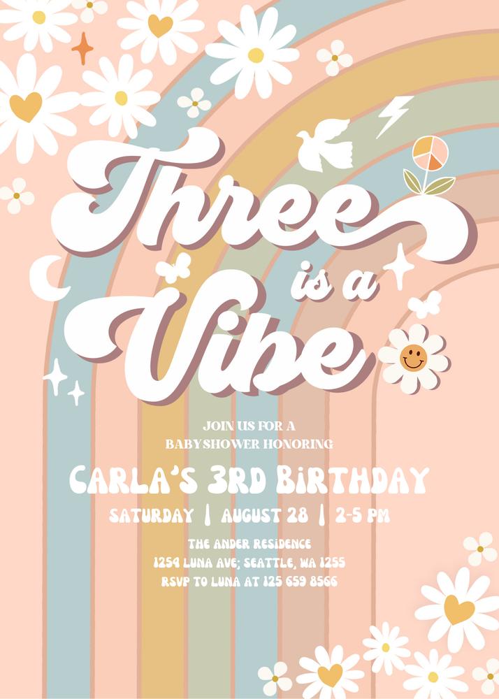 Editable Groovy 3rd Birthday Invite | Pastel Three is a Vibe Daisy Template