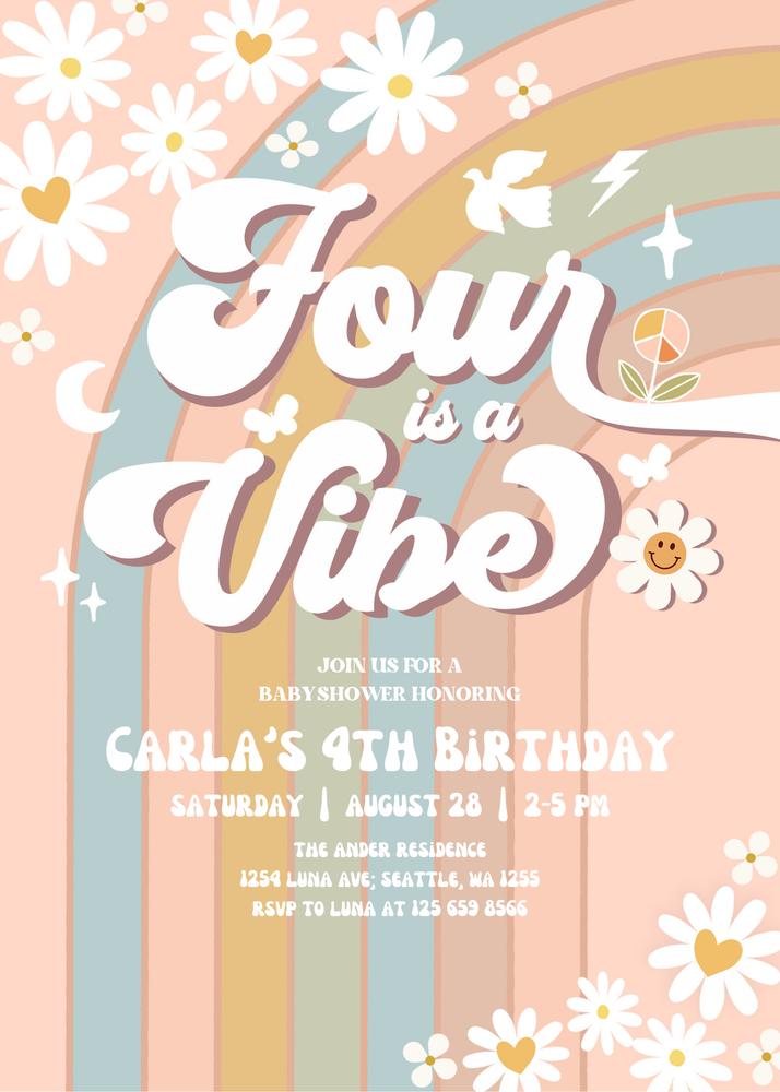 Groovy 4th Birthday Invitation | Four is a Vibe Daisy Pastel Blue Canva Template
