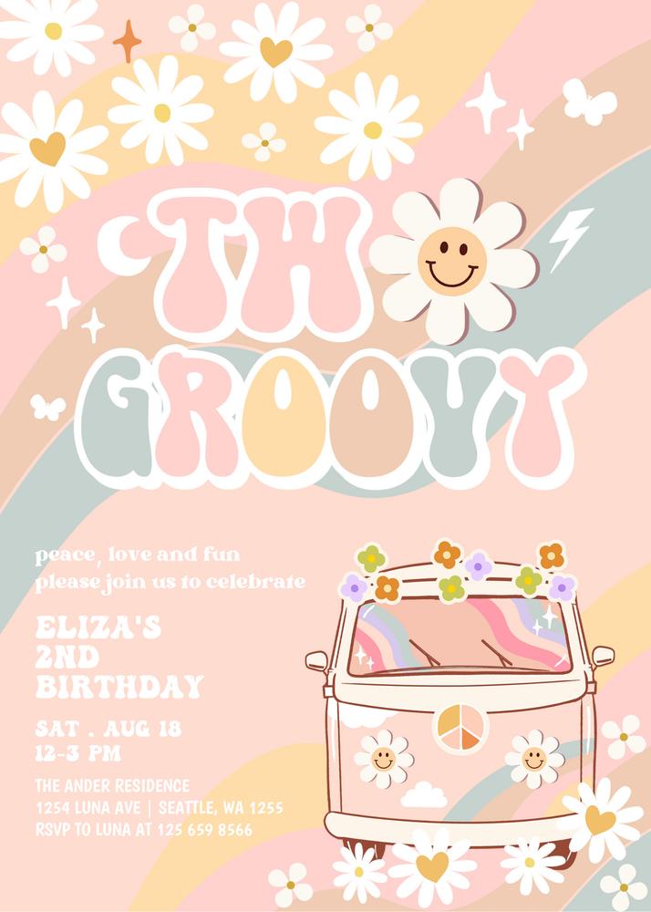 Two Groovy Van 2nd Birthday Invite | Pastel Daisy Hippie Canva Template