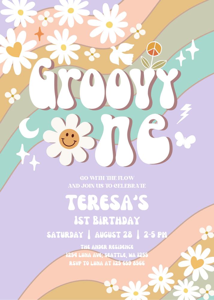 Groovy ONE 1st Birthday Invite | Lavender Pink Retro Daisy Canva Template