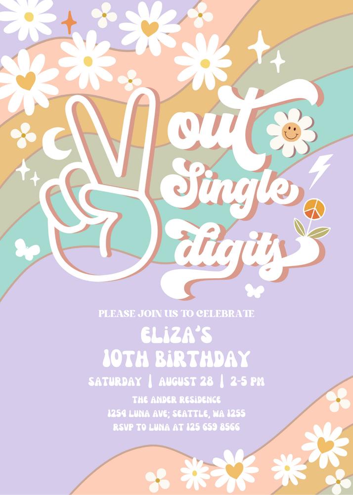 Purple Groovy 10th Birthday Invitation, Peace Out Single Digits Canva Template