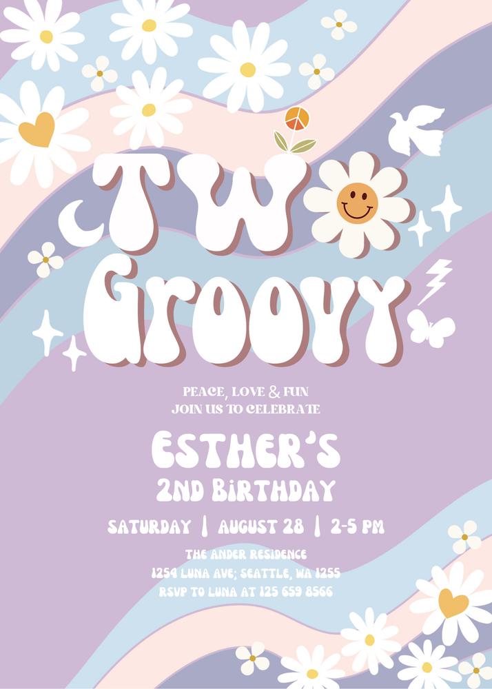 Two Groovy 2nd Birthday Invitation | Editable Canva Template | Muted Purple Blue